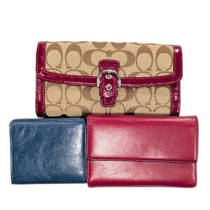 3 Wallet Bundle READ Coach Signature Pelle Studio Burgundy Blue Folding Leather